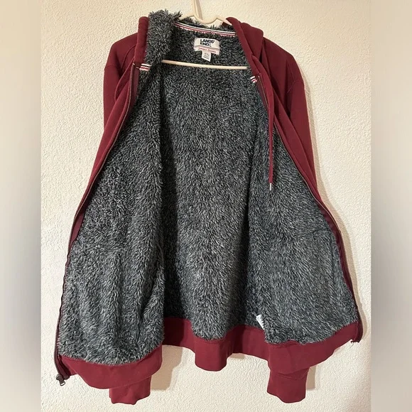 Land’s End Serious Sweats Hoodie Men Burgundy Full Zip Sherpa Fleece Size M/T - Picture 4 of 7
